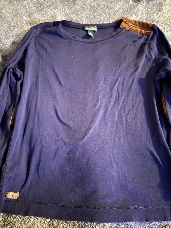 Lauren Ralph Lauren Tops - Lauren Ralph Lauren Navy Blue Long Sleeve Top with Brown Shoulder Detail